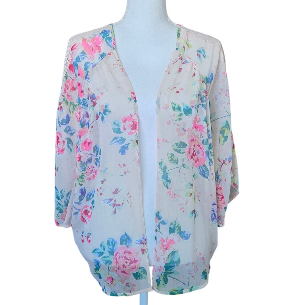 Express Floral Chiffon Kimono Cardigan Pink Blue Lace Trim Small Cream